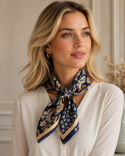 Foulard-Bleu-Marine-en-Soie-motif-porté-au-cou