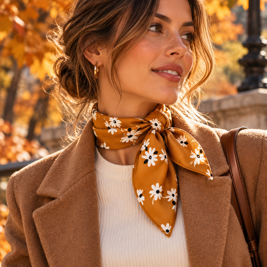 Foulard-Jaune-Moutarde-en-Soie-autour-du-cou