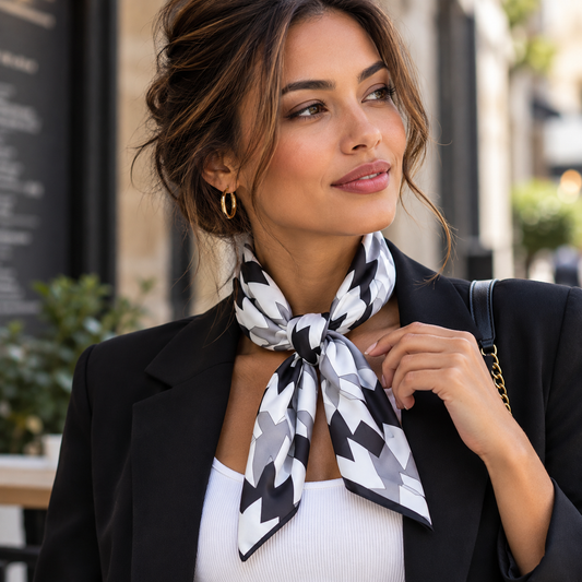 Foulard-Noir-et-Blanc-Geometrique-en-Soie-porté-au-cou