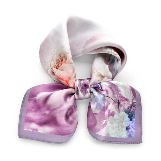 Foulard-Violet-Fleuri-en-Soie-Femme-noué