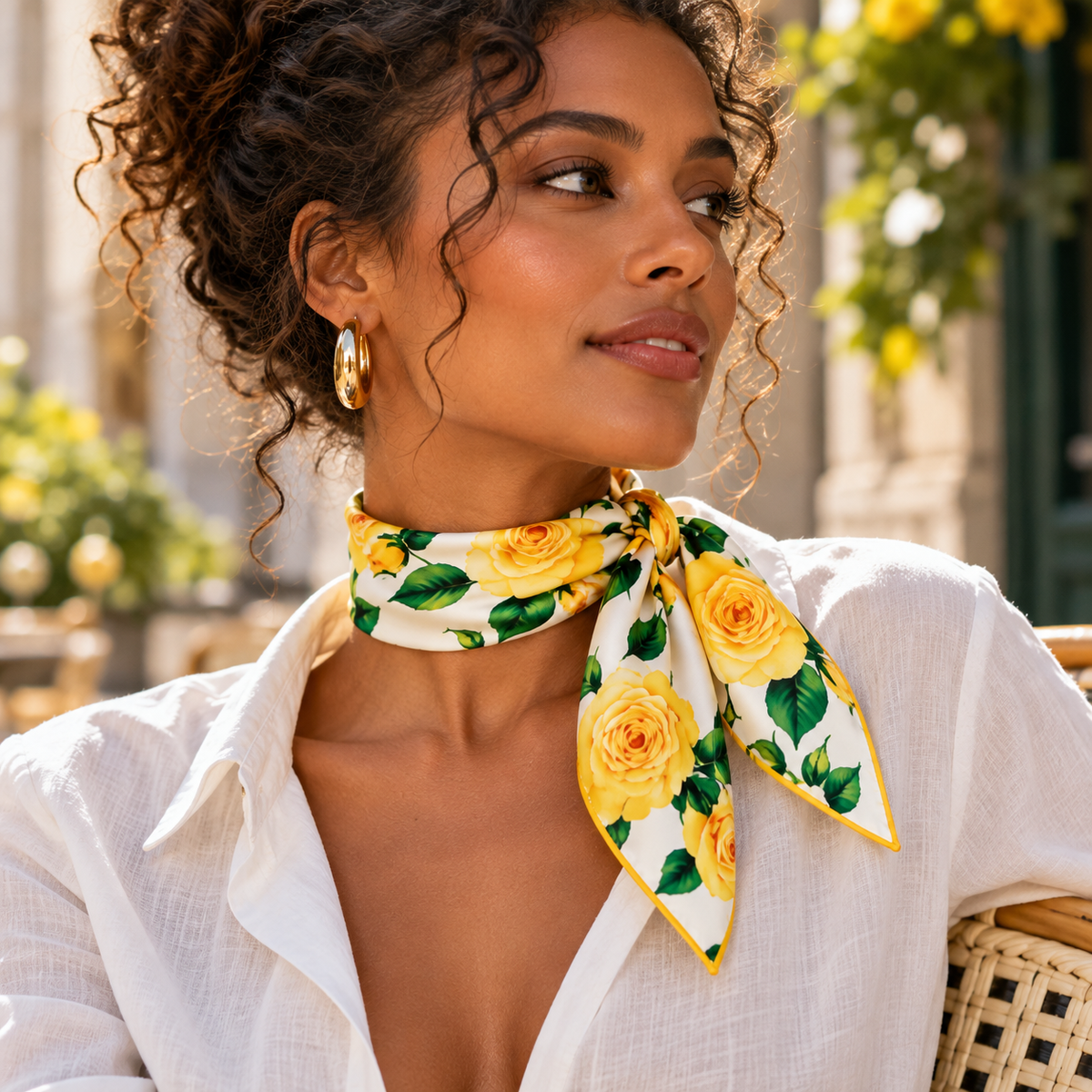 Foulard-jaune-et-blanc-fleuri-autour-du-cou